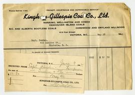 Invoice and payment from Capt. Bowden to Kingham Gillespie Coal Co. Ltd.