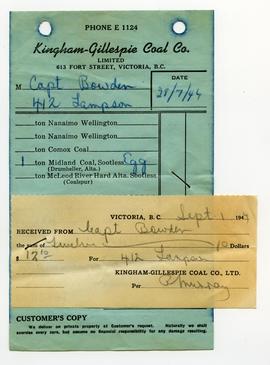 Invoice and receipt of payment for Kingham Gillespie Coal Co. Ltd. from Captain John Bowden