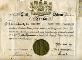Civil Defence Certificate awarded to William T. Rutherford, Sept. 5, 1945