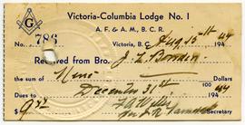 Receipt of donation for J. L. Bowden from the Victoria-Columbia Freemason Lodge