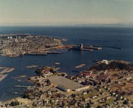 Aerial view of Ogden Point, West Bay, Rose Bay, and Work Point Barracks