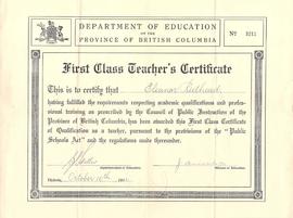BC Department of Education First Class Teacher's Certificate presented to Eleanor Redhead