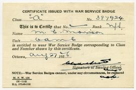 Certificate Issued with War Service Badge for Ethel Morrison