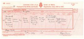 Birth certificate for Albert Francis Spencer, England, 1882