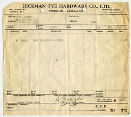 Invoice from Hickman Tye Hardware Co., Ltd. for Capt. Bowden