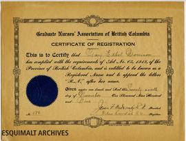 Certificate of Registration for Ethel Morrison, Graduate Nurses Association of B.C.
