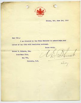Letter from the Office of the Prime Minister to Duncan B. McLaren
