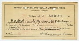 Cheque from the Over-Seas Club British Columbia Protestant Orphans' Home