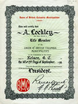 Certificate granting life membership in the Union of British Columbia Municipalities to A. Lockley
