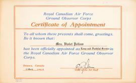 Royal Canadian Air Force Ground Observer Corps certificate for Violet Pellow