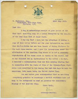 Letter from Attorney-General of BC to W. Blakemore (President of the Over-Seas Club)