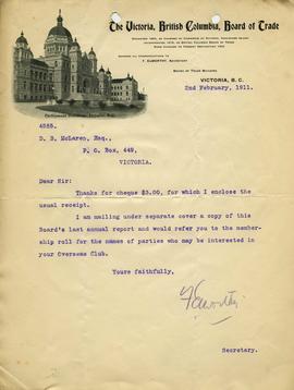 Letter from the Victoria, British Columbia Board of Trade to D. B. McLaren