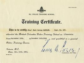 Training Certificate for Earl Sarsiat, Regt. no. 697, from the B.C. Police Training School