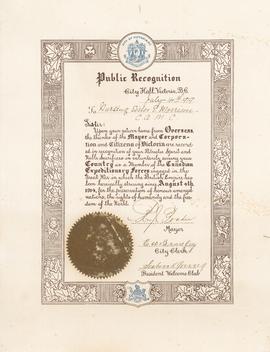 City of Victoria Public Recognition Certificate to Nursing Sister E. Morrison