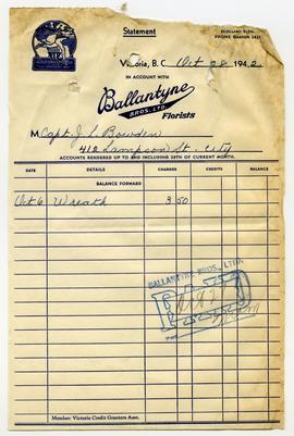 Invoice from Ballantayne Bros. Ltd. Florists for Capt. J. L. Bowden