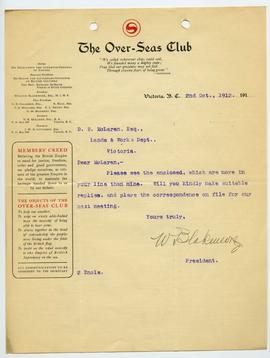 Memo from W. Blakemore (President of the Over-Seas Club) to D. B. McLaren