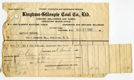 Invoice from Kingham Gillespie Coal Co. Ltd. addressed to Captain Bowden