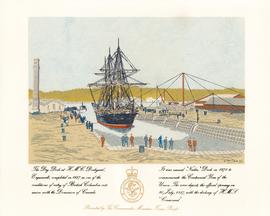 Watercolour print of HMS Cormorant, first ship entering drydock at HMC Drydock in 1887