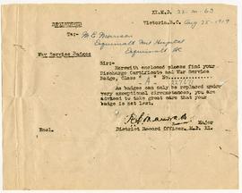 Note accompanying Ethel Morrison's discharge certificate and war service badge