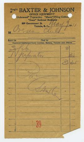 Receipt from Baxter & Johnson Office Equipment for the Over-Seas Club