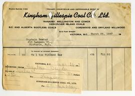 Invoice for Captain [Bowden] from Kingham Gillespie Coal Co. Ltd.