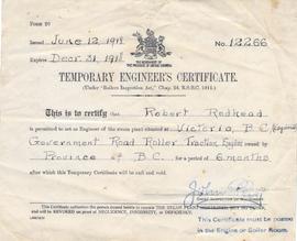 Certificate of Competency as Fourth Class Engineer Inspector to Robert Redhead