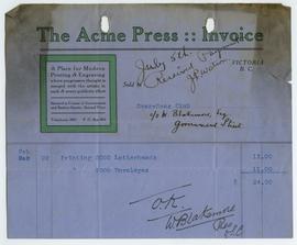 Invoice from the Acme Press (Victoria, BC) for the Over-Seas Club