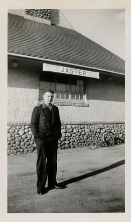 Yarrows employee, Gerry Bishop, at railway station in Jasper, Alberta