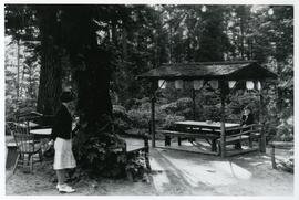 Woman standing near covered picknic tables, Japanese Tea Gardens