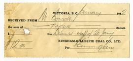 Receipt for Captain M. Bowden from Kingham Gillespie Coal Co. Ltd.