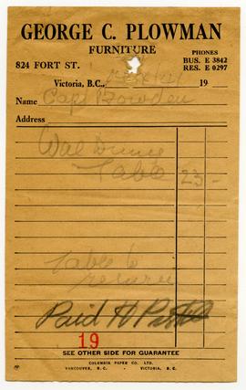 Receipt from furniture store, George C. Plowman, for Captain Bowden