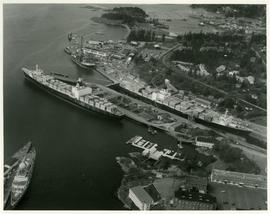 Aerial view of Yarrows Shipyard with Sealand ship in drydock