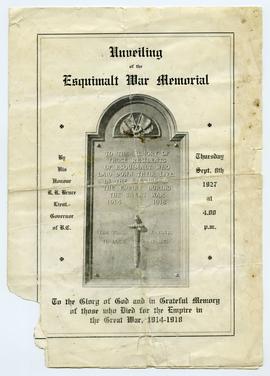 Programme for the unveiling of The Esquimalt War Memorial