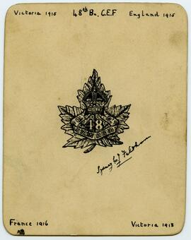 Hand lettered card with crest of 48th Battalion, signed Sydney W. J. Feltham