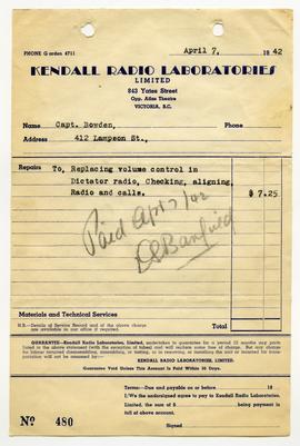Invoice from Kendall Radio Laboratories Limited for Capt. Bowden