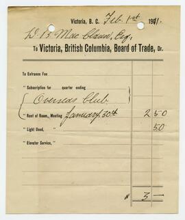 Receipt for meeting room rental for the Over-Seas Club from the Victoria, British Columbia Board of Trade