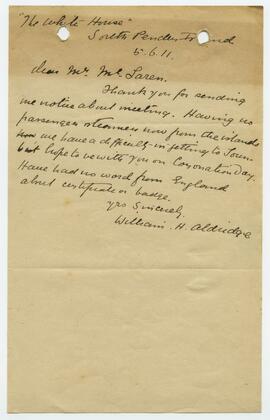 Letter from William H. Aldridge about an upcoming meeting of the Over-Seas Club