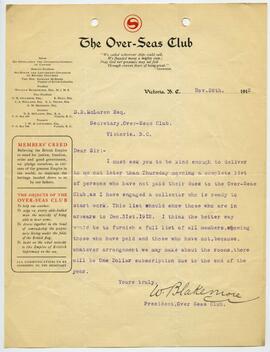 Memo from W. Blakemore (President of the Over-Seas Club) addressed to D.B. McLaren