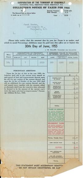 Township of Esquimalt Collector's Notice of taxes of 1955 for Janet Bowden