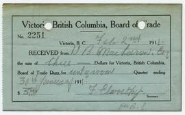 Receipt for a cheque sent from the Over-Seas Club to the Victoria, British Columbia Board of Trade