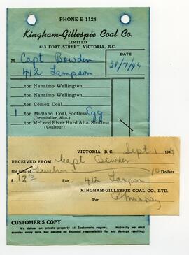 Invoice and receipt of payment for Kingham Gillespie Coal Co. Ltd. from Captain John Bowden