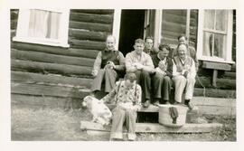 Yarrows employees at log cabin, Francois Lake