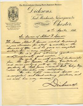 Letter of reference from Dicksons Seed Merchants in England for Albert. F. Spencer