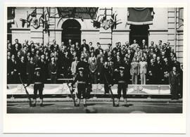 Arion Choir standing outside Victoria City Hall, awaiting visit of George VI and Queen Elizabeth