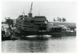 Launching the Queen of Oak Bay from Yarrows shipyard
