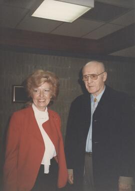 Honorable Grace McCarthy and unidentified gentleman in Esquimalt Recreation Centre lounge.