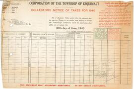 Township of Esquimalt Collector's Notice of taxes of 1940 for John L. Bowden