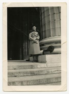 Anne Emery on steps of Madeleine Church, Paris.