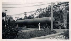 Heaney's truck transporting large tank, corner of Macaulay St and Esquimalt Rd