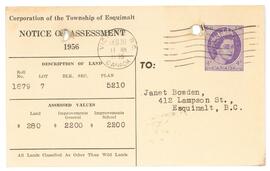 Township of Esquimalt Notice of Assessment, 1956, for Janet Bowden